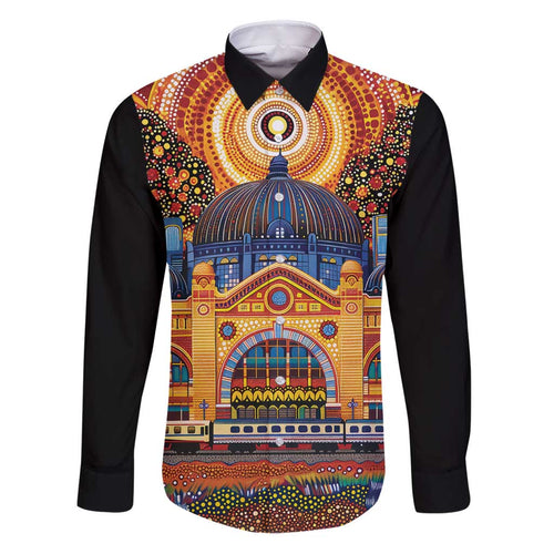 Australian Flinders Street Railway Station Family Matching Puletasi and Hawaiian Shirt Aboriginal Dot Painting