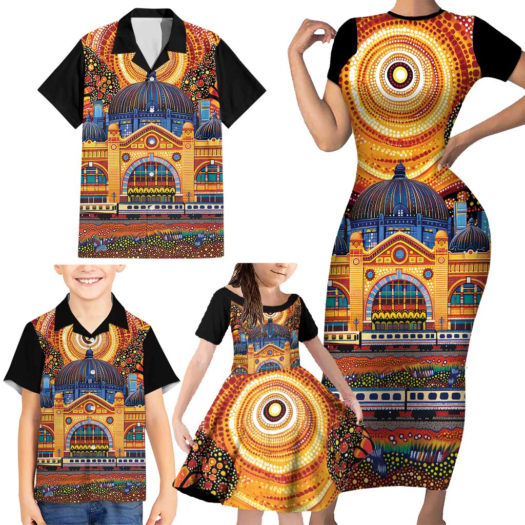 Australian Flinders Street Railway Station Family Matching Short Sleeve Bodycon Dress and Hawaiian Shirt Aboriginal Dot Painting