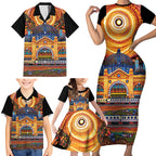 Australian Flinders Street Railway Station Family Matching Short Sleeve Bodycon Dress and Hawaiian Shirt Aboriginal Dot Painting