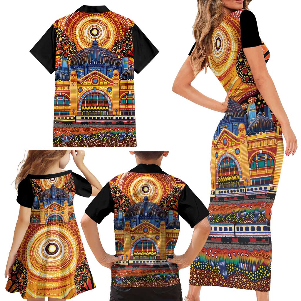 Australian Flinders Street Railway Station Family Matching Short Sleeve Bodycon Dress and Hawaiian Shirt Aboriginal Dot Painting
