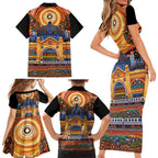Australian Flinders Street Railway Station Family Matching Short Sleeve Bodycon Dress and Hawaiian Shirt Aboriginal Dot Painting