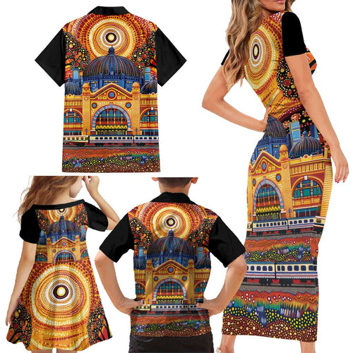 Australian Flinders Street Railway Station Family Matching Short Sleeve Bodycon Dress and Hawaiian Shirt Aboriginal Dot Painting