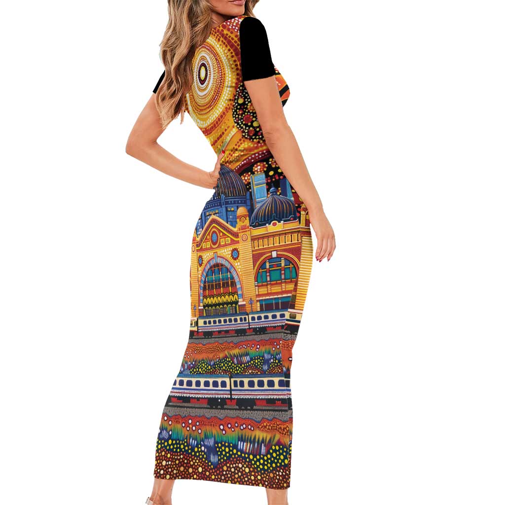 Australian Flinders Street Railway Station Family Matching Short Sleeve Bodycon Dress and Hawaiian Shirt Aboriginal Dot Painting
