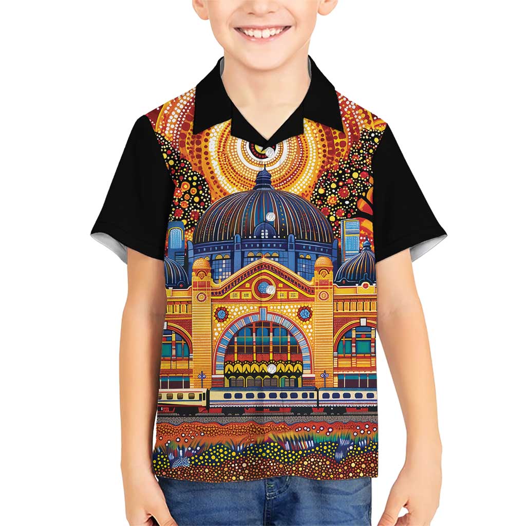 Australian Flinders Street Railway Station Family Matching Short Sleeve Bodycon Dress and Hawaiian Shirt Aboriginal Dot Painting