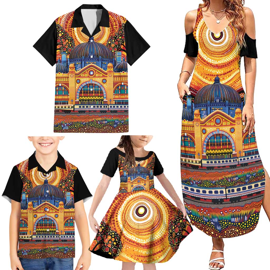 Australian Flinders Street Railway Station Family Matching Summer Maxi Dress and Hawaiian Shirt Aboriginal Dot Painting