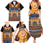Australian Flinders Street Railway Station Family Matching Summer Maxi Dress and Hawaiian Shirt Aboriginal Dot Painting