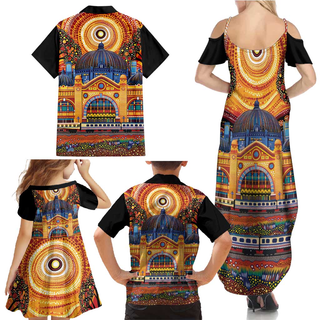 Australian Flinders Street Railway Station Family Matching Summer Maxi Dress and Hawaiian Shirt Aboriginal Dot Painting