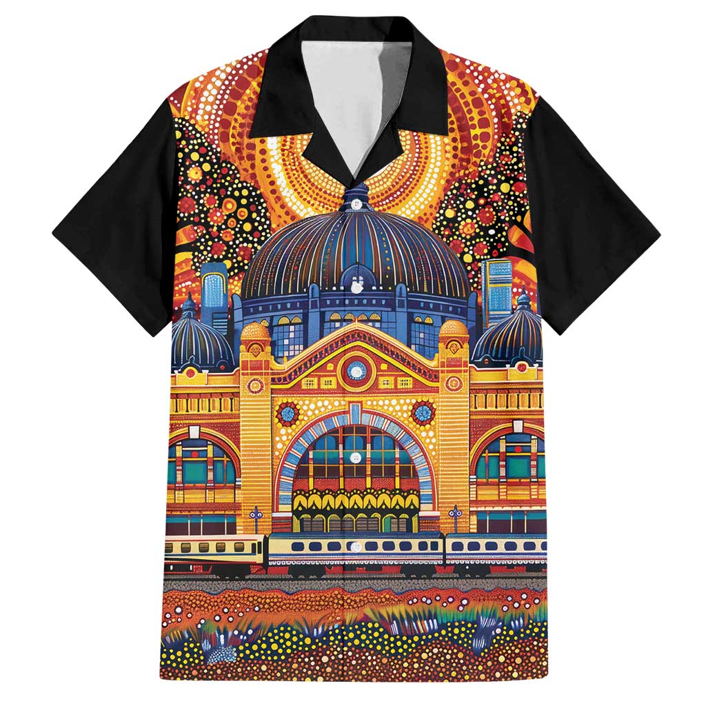 Australian Flinders Street Railway Station Family Matching Summer Maxi Dress and Hawaiian Shirt Aboriginal Dot Painting