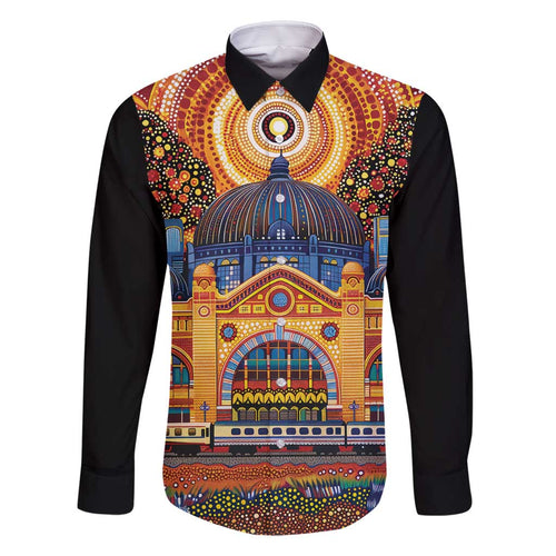 Australian Flinders Street Railway Station Family Matching Summer Maxi Dress and Hawaiian Shirt Aboriginal Dot Painting