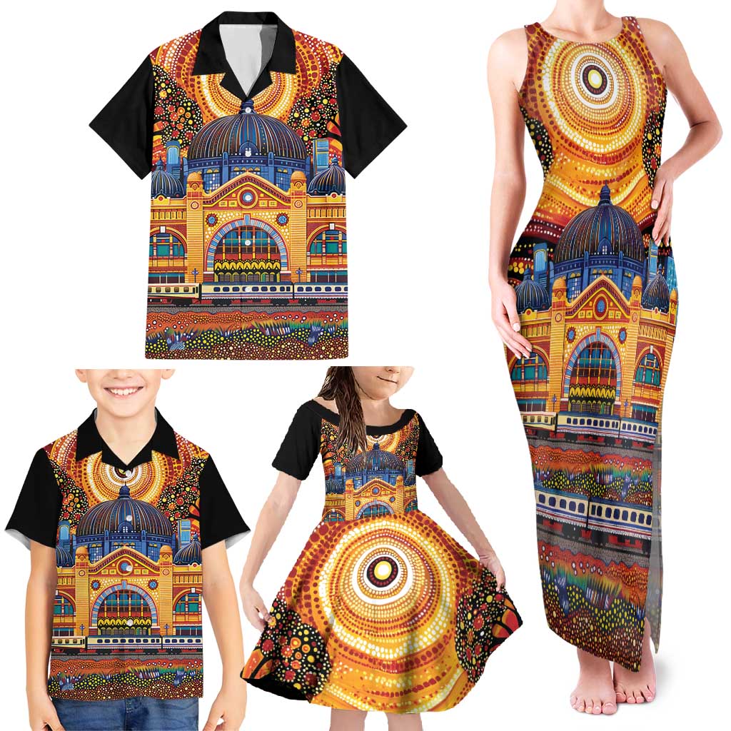 Australian Flinders Street Railway Station Family Matching Tank Maxi Dress and Hawaiian Shirt Aboriginal Dot Painting