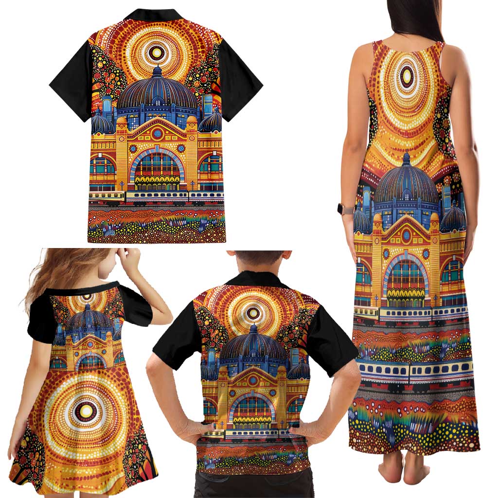 Australian Flinders Street Railway Station Family Matching Tank Maxi Dress and Hawaiian Shirt Aboriginal Dot Painting