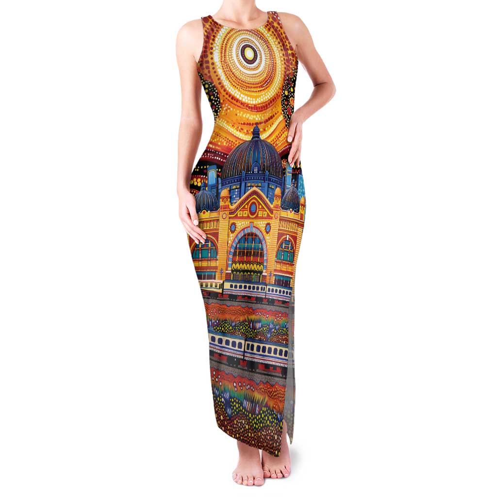 Australian Flinders Street Railway Station Family Matching Tank Maxi Dress and Hawaiian Shirt Aboriginal Dot Painting