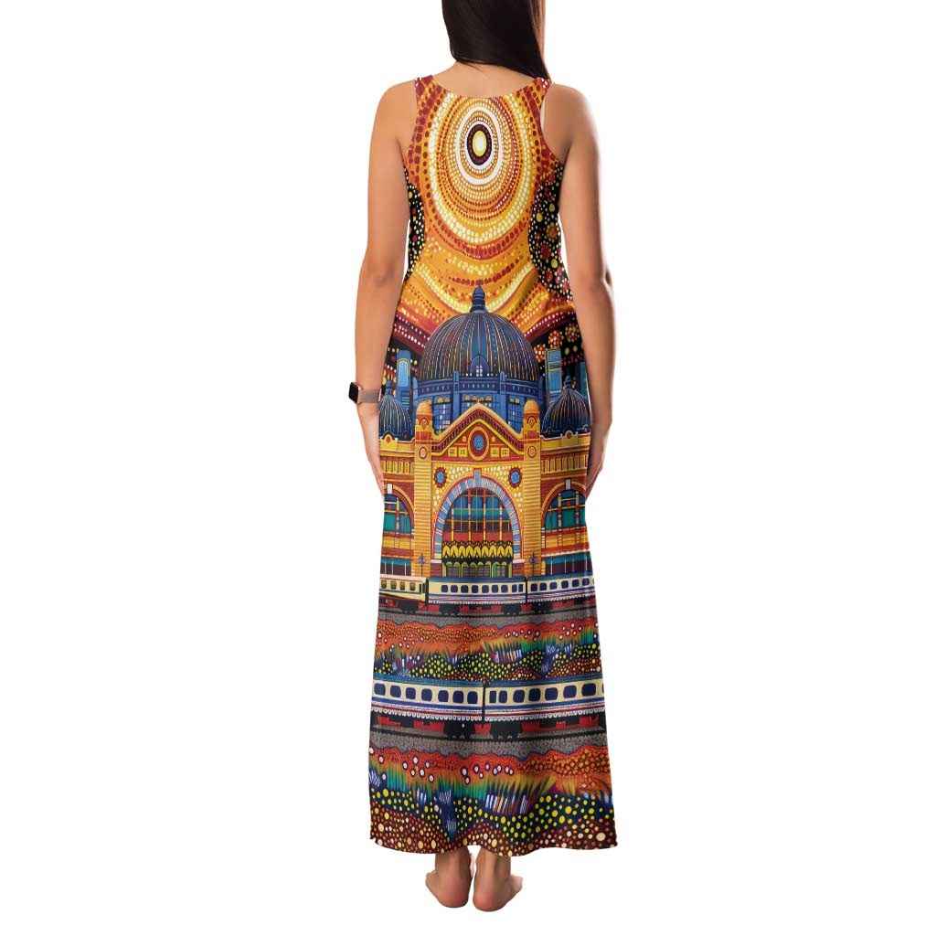 Australian Flinders Street Railway Station Family Matching Tank Maxi Dress and Hawaiian Shirt Aboriginal Dot Painting