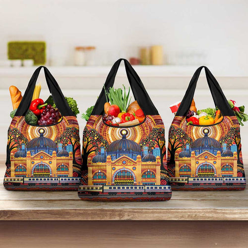 Australian Flinders Street Railway Station Grocery Bag Aboriginal Dot Painting