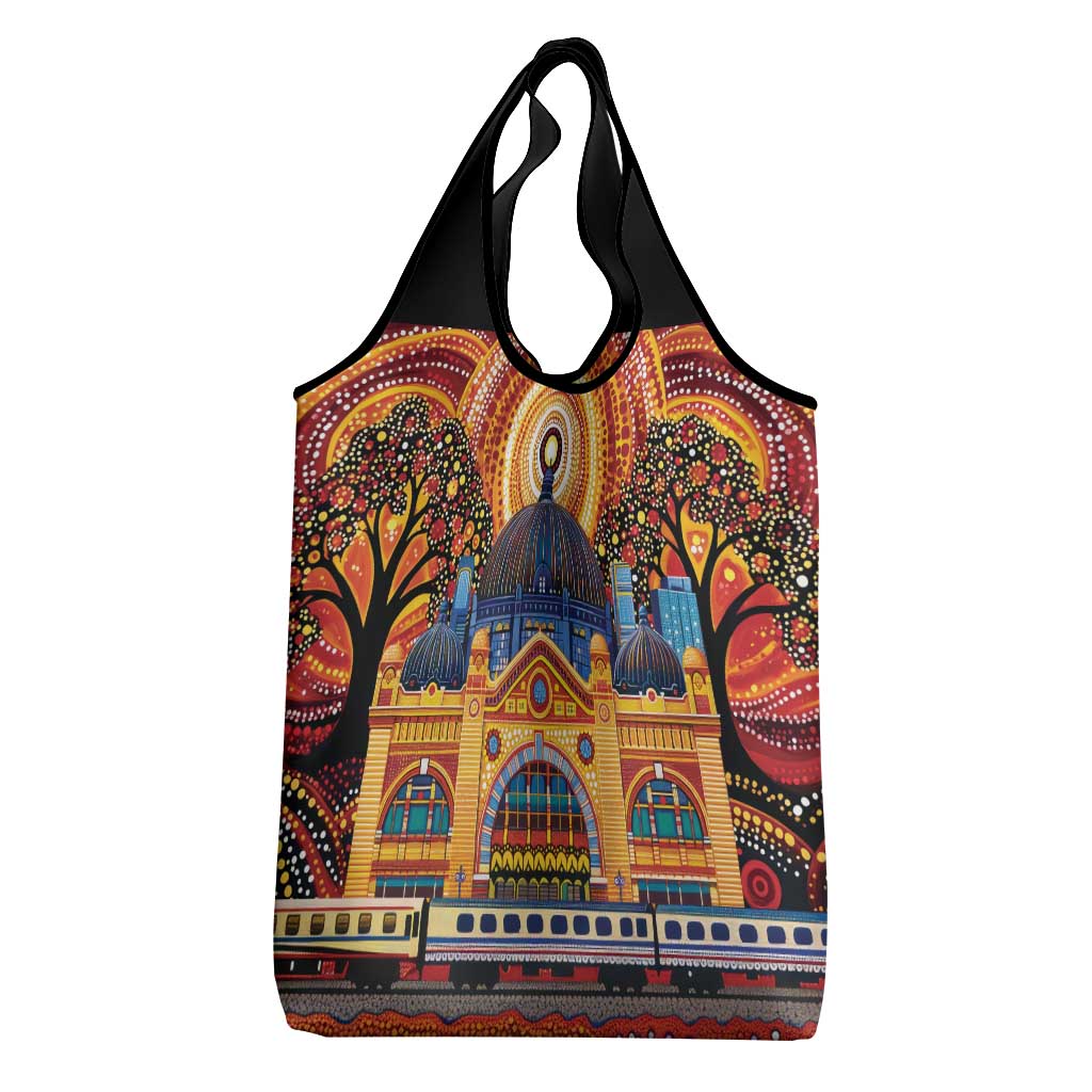 Australian Flinders Street Railway Station Grocery Bag Aboriginal Dot Painting