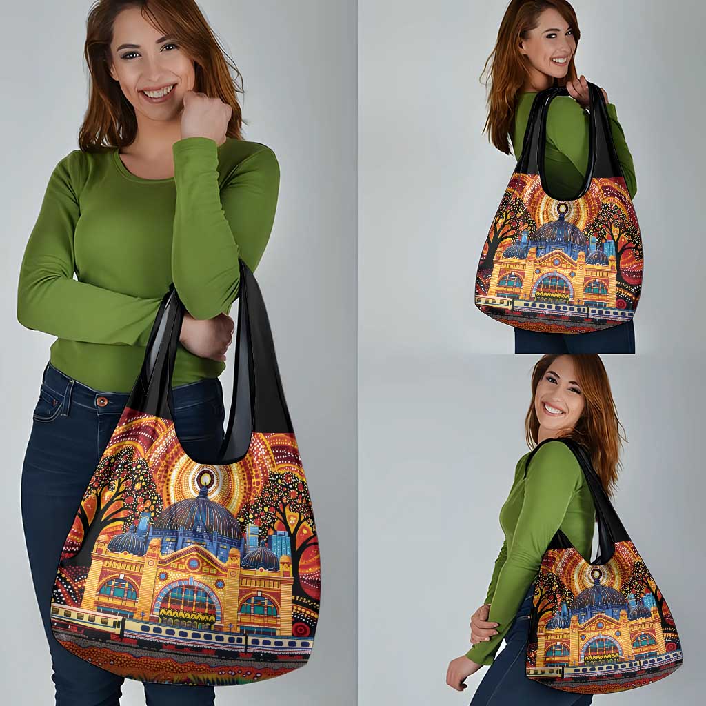 Australian Flinders Street Railway Station Grocery Bag Aboriginal Dot Painting
