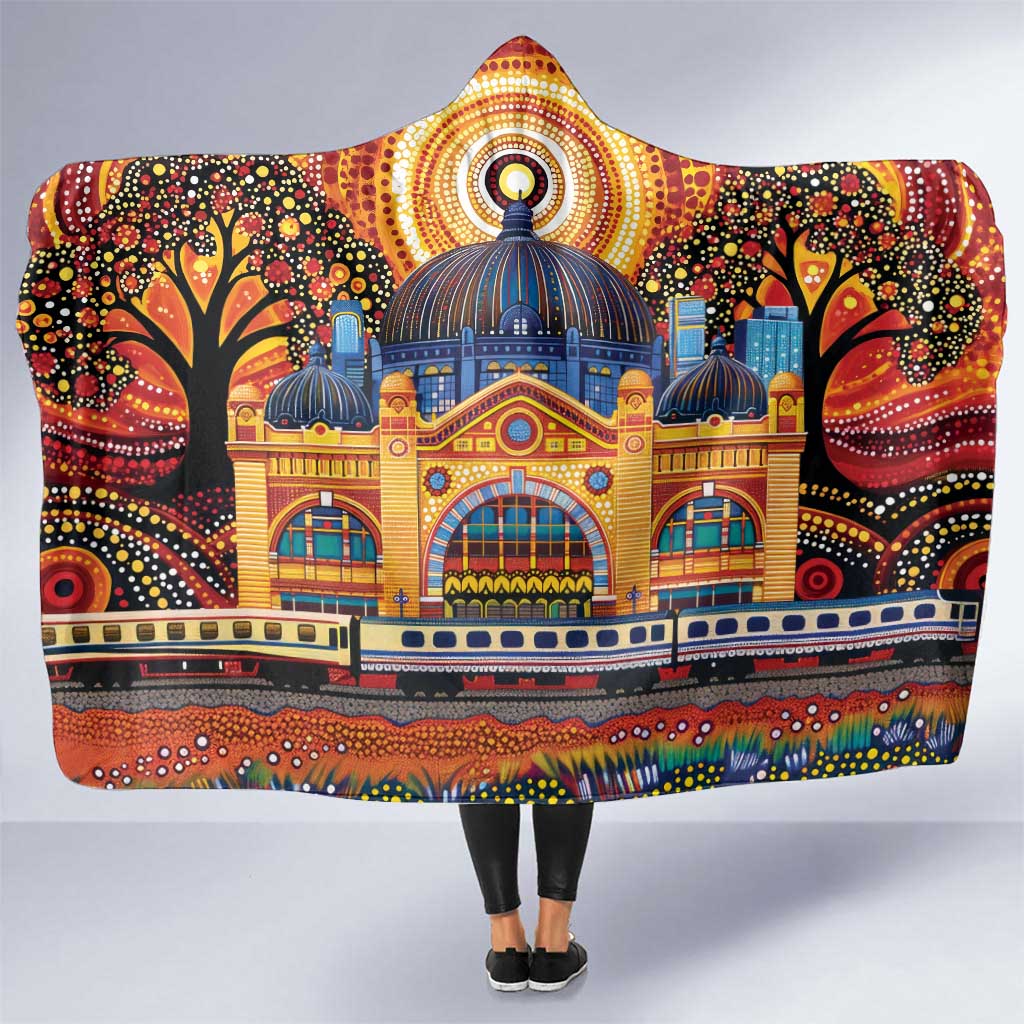Australian Flinders Street Railway Station Hooded Blanket Aboriginal Dot Painting