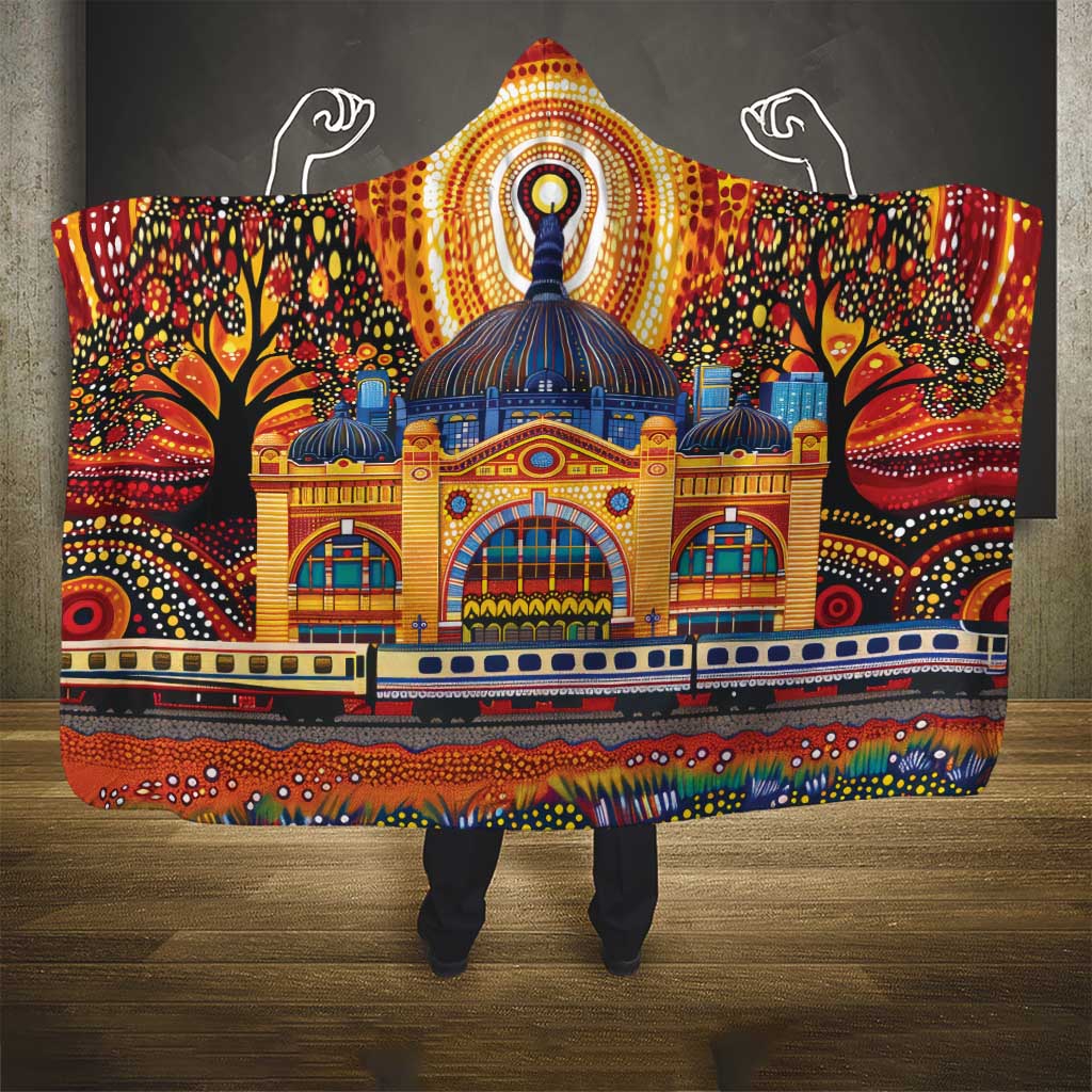 Australian Flinders Street Railway Station Hooded Blanket Aboriginal Dot Painting