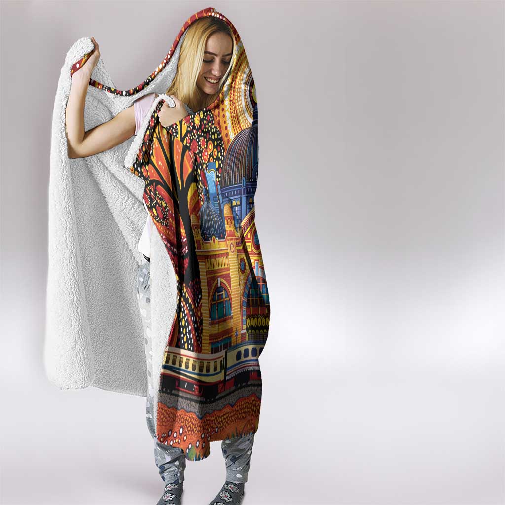 Australian Flinders Street Railway Station Hooded Blanket Aboriginal Dot Painting