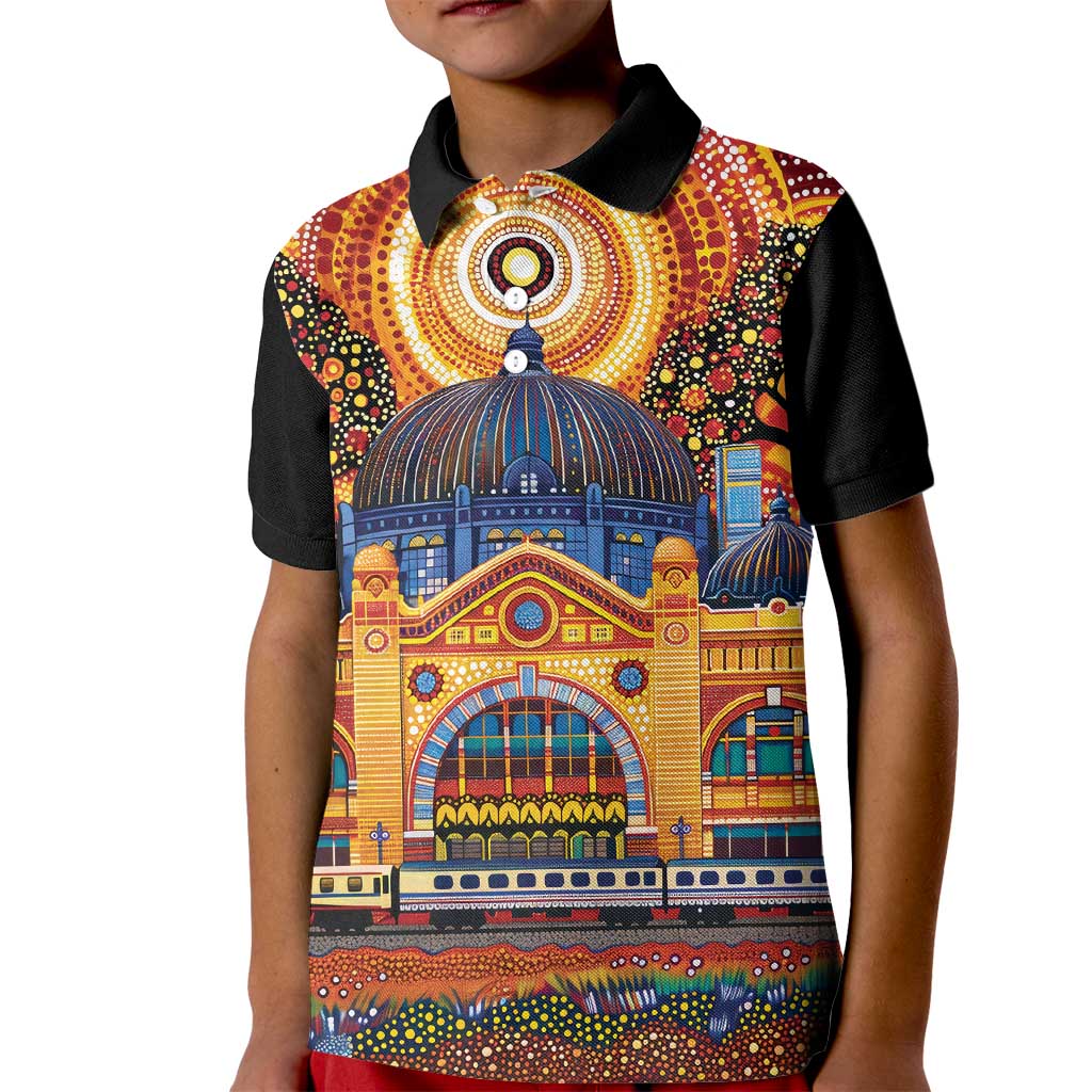 Australian Flinders Street Railway Station Kid Polo Shirt Aboriginal Dot Painting