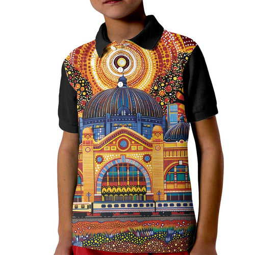 Australian Flinders Street Railway Station Kid Polo Shirt Aboriginal Dot Painting