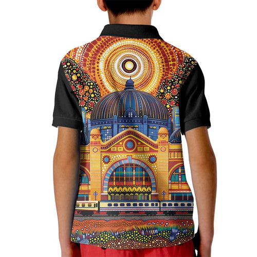 Australian Flinders Street Railway Station Kid Polo Shirt Aboriginal Dot Painting