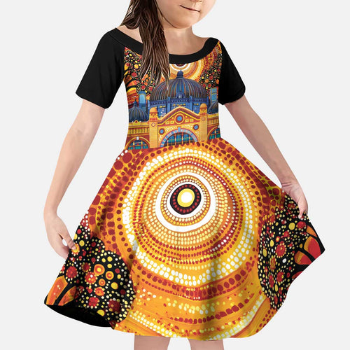 Australian Flinders Street Railway Station Kid Short Sleeve Dress Aboriginal Dot Painting