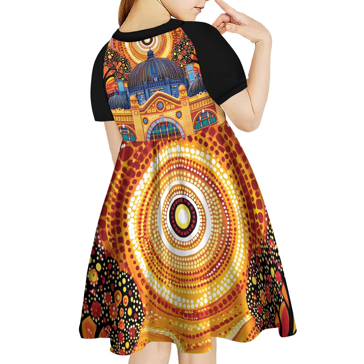 Australian Flinders Street Railway Station Kid Short Sleeve Dress Aboriginal Dot Painting