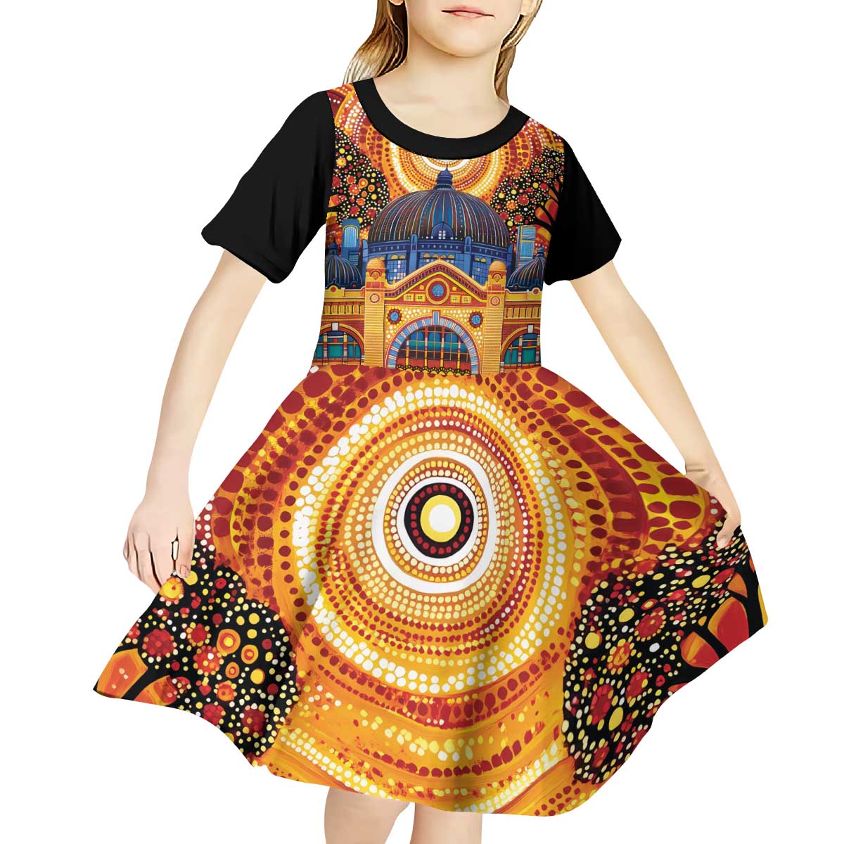 Australian Flinders Street Railway Station Kid Short Sleeve Dress Aboriginal Dot Painting