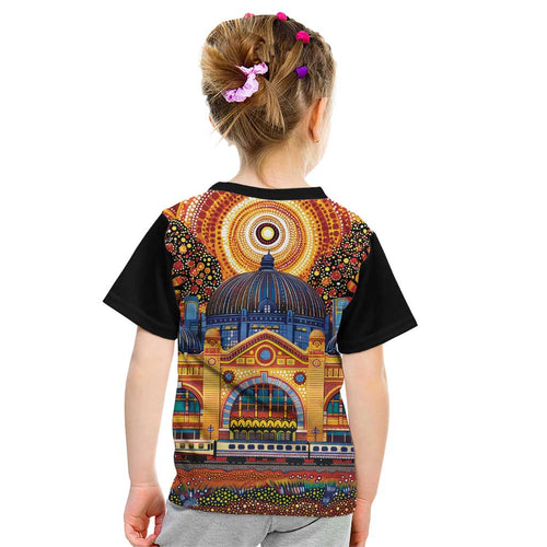 Australian Flinders Street Railway Station Kid T Shirt Aboriginal Dot Painting