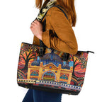 Australian Flinders Street Railway Station Leather Tote Bag Aboriginal Dot Painting