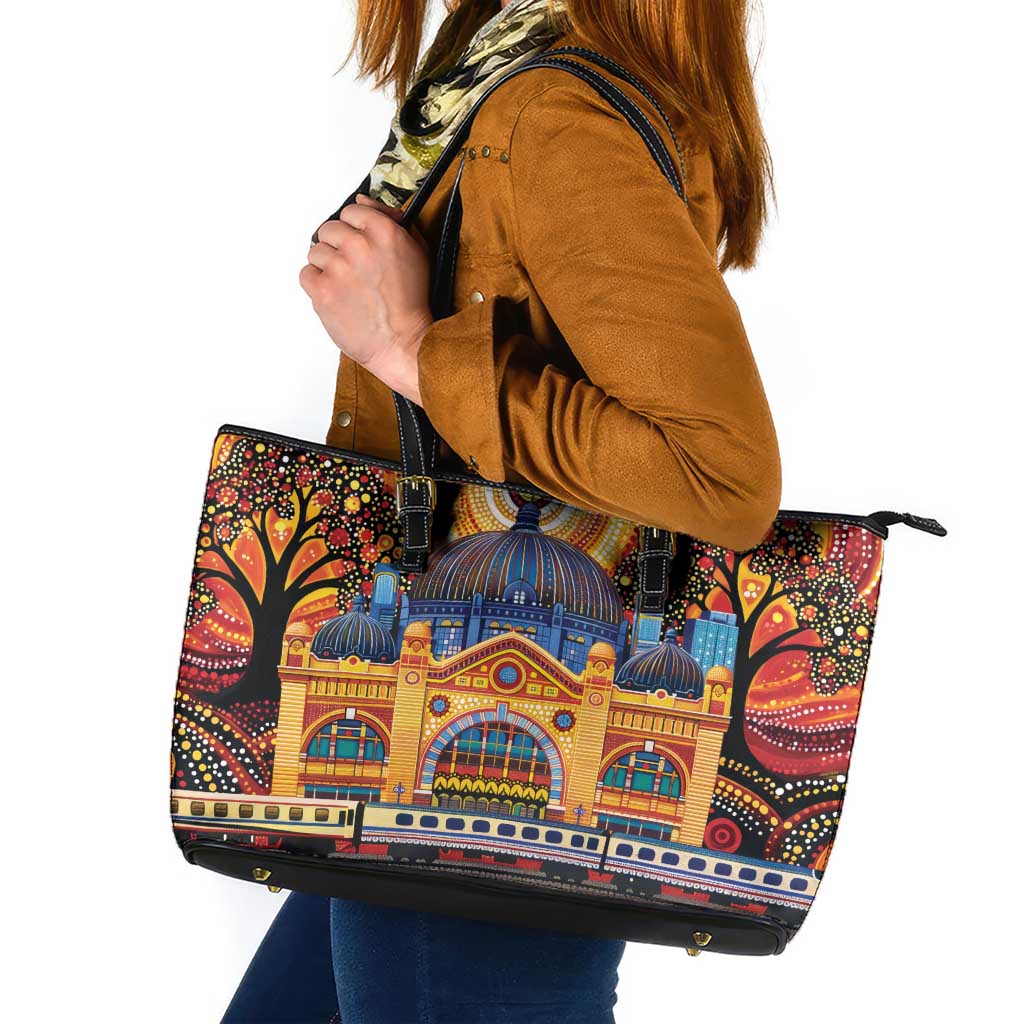 Australian Flinders Street Railway Station Leather Tote Bag Aboriginal Dot Painting