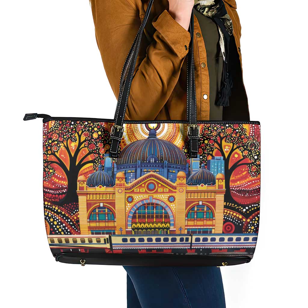 Australian Flinders Street Railway Station Leather Tote Bag Aboriginal Dot Painting