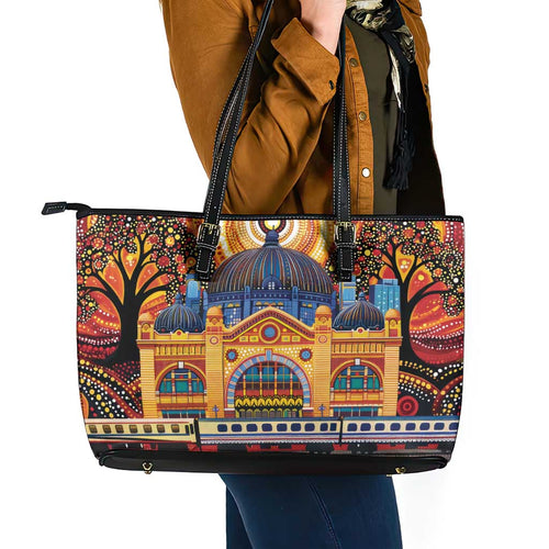 Australian Flinders Street Railway Station Leather Tote Bag Aboriginal Dot Painting