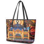 Australian Flinders Street Railway Station Leather Tote Bag Aboriginal Dot Painting
