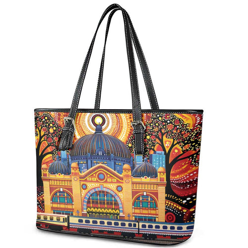 Australian Flinders Street Railway Station Leather Tote Bag Aboriginal Dot Painting