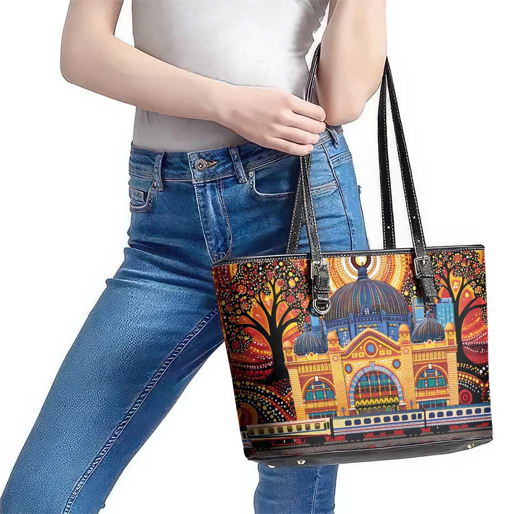 Australian Flinders Street Railway Station Leather Tote Bag Aboriginal Dot Painting