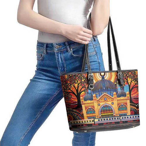 Australian Flinders Street Railway Station Leather Tote Bag Aboriginal Dot Painting