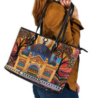 Australian Flinders Street Railway Station Leather Tote Bag Aboriginal Dot Painting
