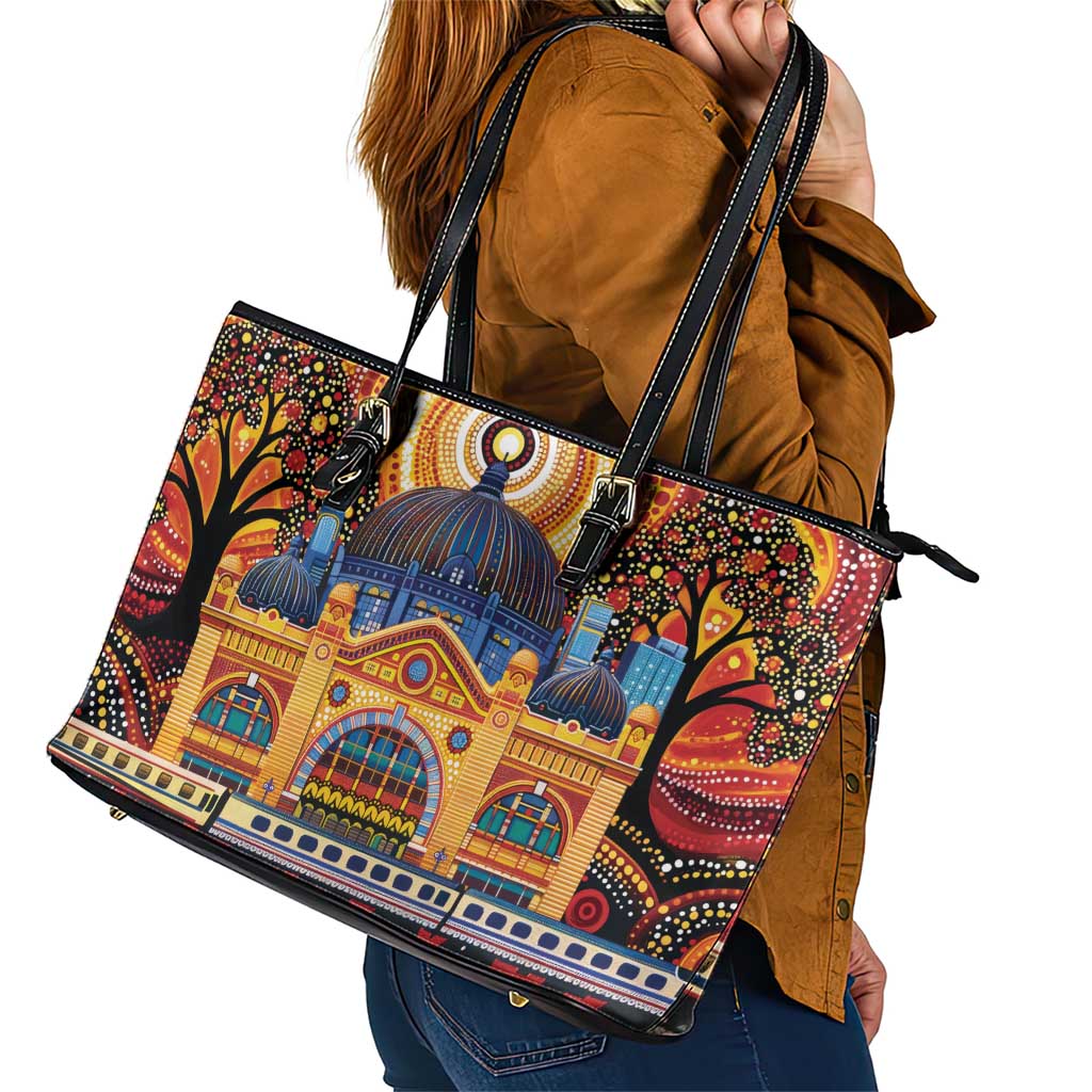 Australian Flinders Street Railway Station Leather Tote Bag Aboriginal Dot Painting