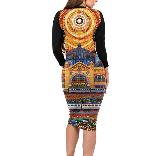 Australian Flinders Street Railway Station Long Sleeve Bodycon Dress Aboriginal Dot Painting