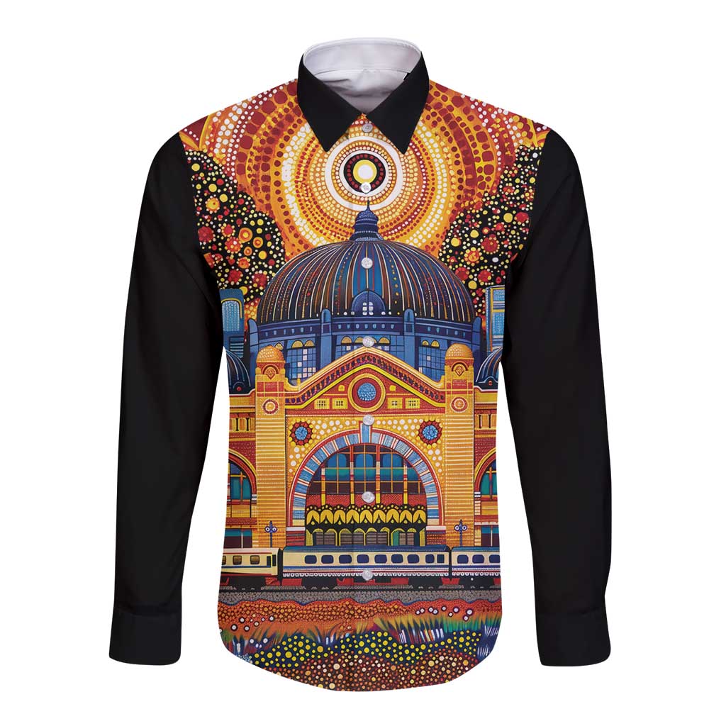 Australian Flinders Street Railway Station Long Sleeve Button Shirt Aboriginal Dot Painting