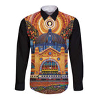 Australian Flinders Street Railway Station Long Sleeve Button Shirt Aboriginal Dot Painting