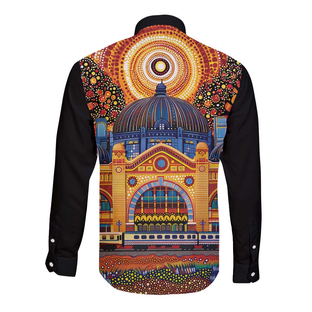 Australian Flinders Street Railway Station Long Sleeve Button Shirt Aboriginal Dot Painting