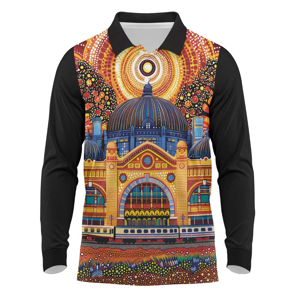 Australian Flinders Street Railway Station Long Sleeve Polo Shirt Aboriginal Dot Painting