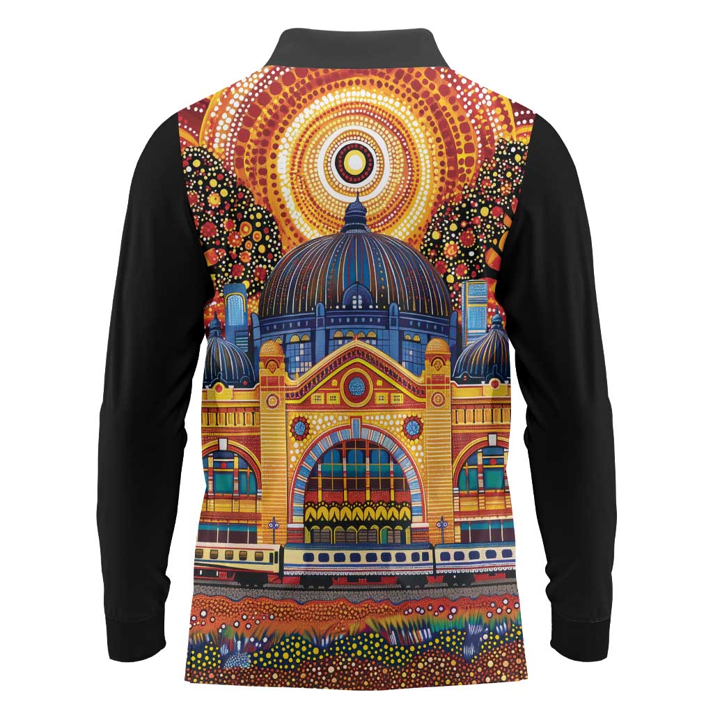 Australian Flinders Street Railway Station Long Sleeve Polo Shirt Aboriginal Dot Painting