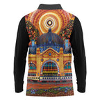 Australian Flinders Street Railway Station Long Sleeve Polo Shirt Aboriginal Dot Painting