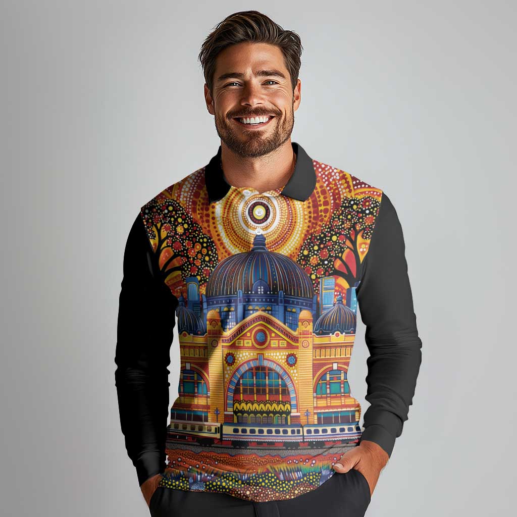 Australian Flinders Street Railway Station Long Sleeve Polo Shirt Aboriginal Dot Painting