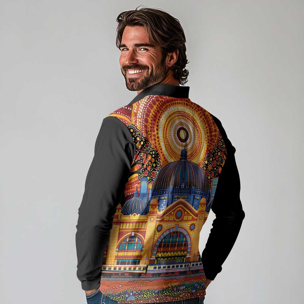 Australian Flinders Street Railway Station Long Sleeve Polo Shirt Aboriginal Dot Painting
