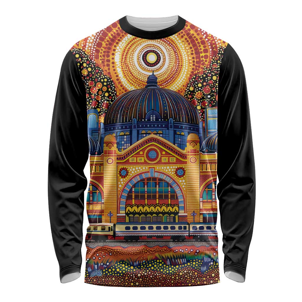 Australian Flinders Street Railway Station Long Sleeve Shirt Aboriginal Dot Painting